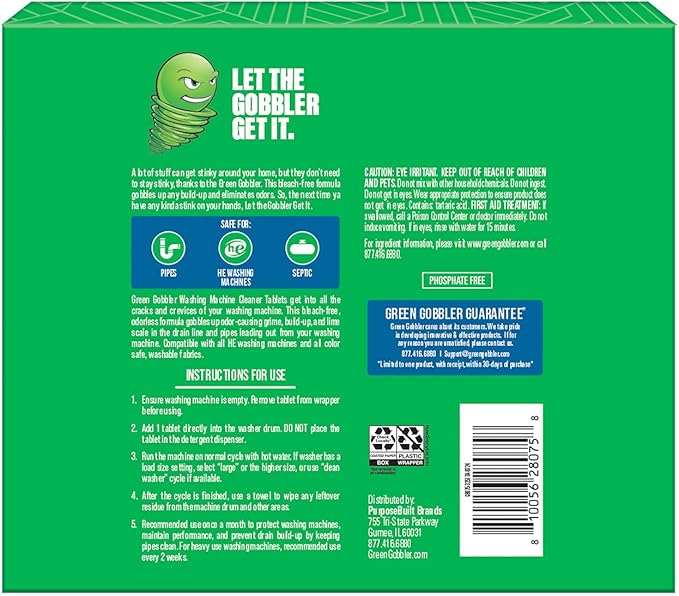 Green Gobbler Premium Washing Machine Cleaner & Deodorizer Tablets with Pipe, Drain & Hose Clean Technology | Front & Top Load Washers | 28 Count (Pack of 2)