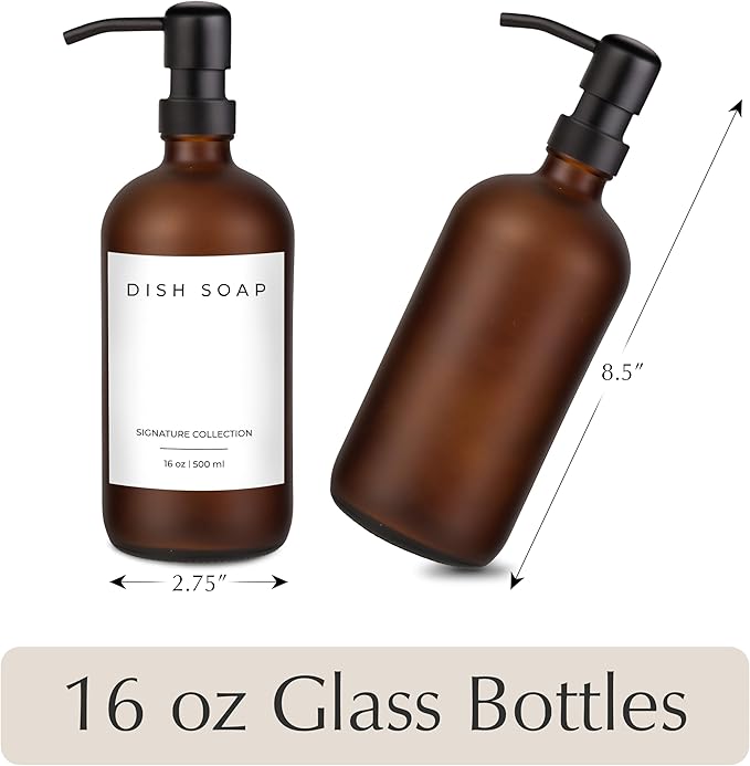 Emerson Essentials Glass Soap Bottle Dispensers, 2 Pack, Stainless-Steel Pumps Rust-Free, Hand Set for Bathroom Kitchen Sink, Liquid Lotion Shampoo Jars with 4 Waterproof Labels, 16 Oz Amber/Black