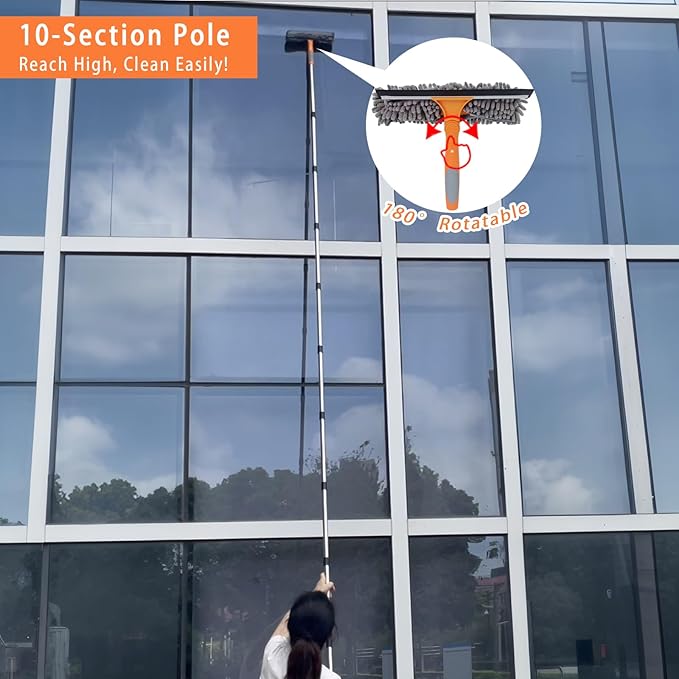 12.5 FT Window Cleaning Kit with 10-Section Extension Pole, Silicone Squeegee, Window Washer & Gutter Cleaning Brush for High Windows, Glass, Cars & Gutters