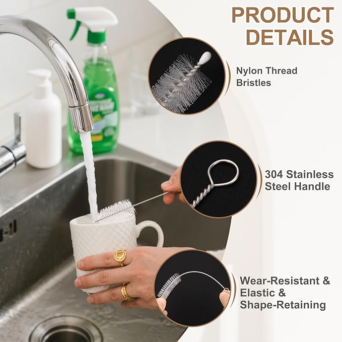 HARFINGTON Straw Cleaner Brush Set, 12 Inch Length 304 Stainless Steel and Nylon Bristles for Water Bottle Silicone Straw Sippy Cup Pipes, White (25mm OD, 10-Piece-Set)