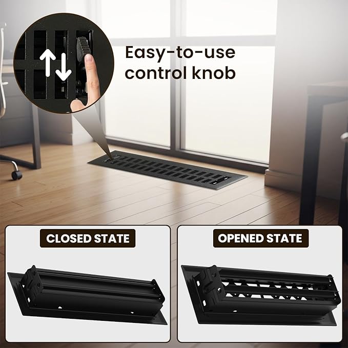 Empire Register Co, Modern Contemporary Design, Steel Register - 2x10 inch, Textured Black Finish, Heavy Duty Steel Floor Vents, Metal Damper Attached Air Vents for Home Floor only