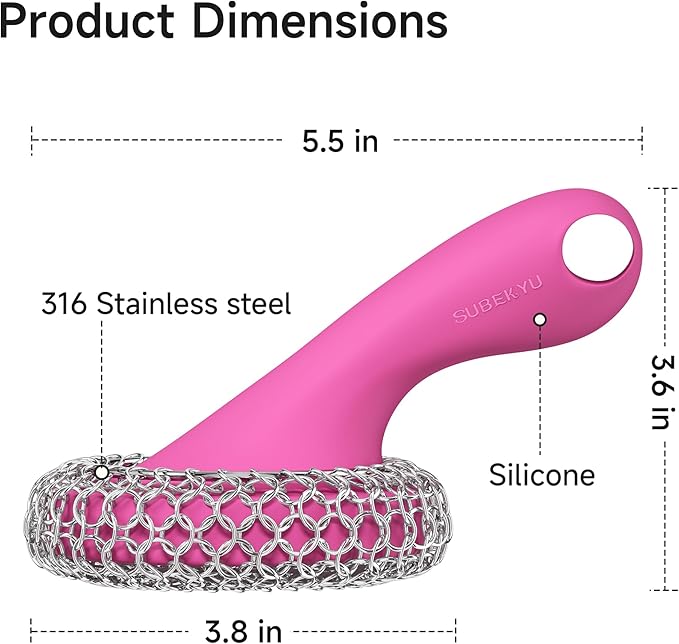 SUBEKYU Cast Iron Scrubber with Silicone Handle, Stainless Steel Skillet Cleaner for Cast Iron Pans (Pink)