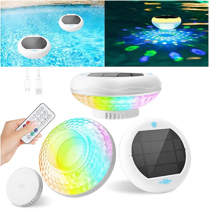 Pool Chlorine Floater Solar Floating Pool Lights with USB Charging 3 in1, IP68 Waterproof 2600mAh 13 Color Modes Pool Lights, Adjustable Pool Chlorine Dispenser for 1" & 3" for Pool 1 Pack