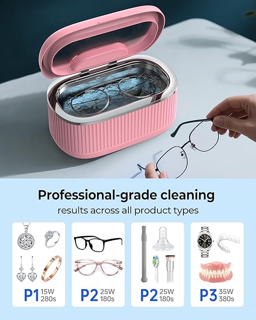 35W Ultrasonic Jewelry Cleaner, 45KHz Retainer Cleaner for Jewelry, 5 Timer & 3 Power Modes, Eyeglasses, Rings, Watch Strap, Dentures - 20oz, 304 Stainless Steel Tank, Quiet <38dB (Pink)