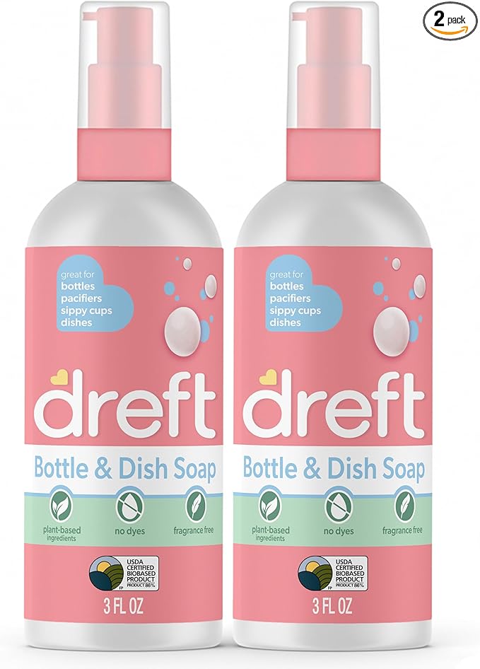 Dreft Bottle and Dish Soap | Made to Clean Baby Bottles, Sippy Cups, Pacifiers, Breast Pumps, & More | Gently Removes Milk Film & Odors | Plant Based, Fragrance Free Dish Soap | 3 Fl Oz (Pack of 2)
