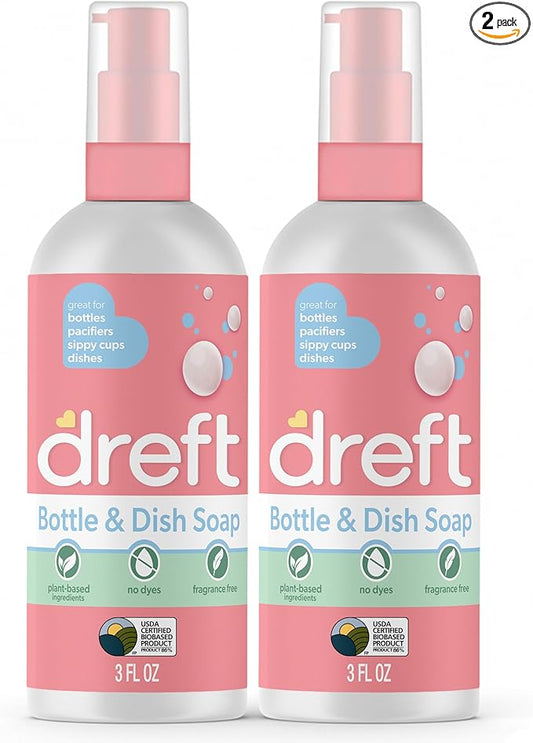 Dreft Bottle and Dish Soap | Made to Clean Baby Bottles, Sippy Cups, Pacifiers, Breast Pumps, & More | Gently Removes Milk Film & Odors | Plant Based, Fragrance Free Dish Soap | 3 Fl Oz (Pack of 2)
