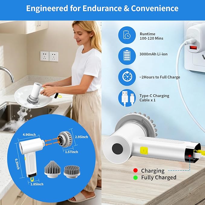 Electric Spin Scrubber, Cordless Cleaning Brush，IPX7 Waterproof Bathroom Scrubber with Adjustable Extension Handle & Battery Level Display for Bathroom Kitchen Car (ECB-S2)