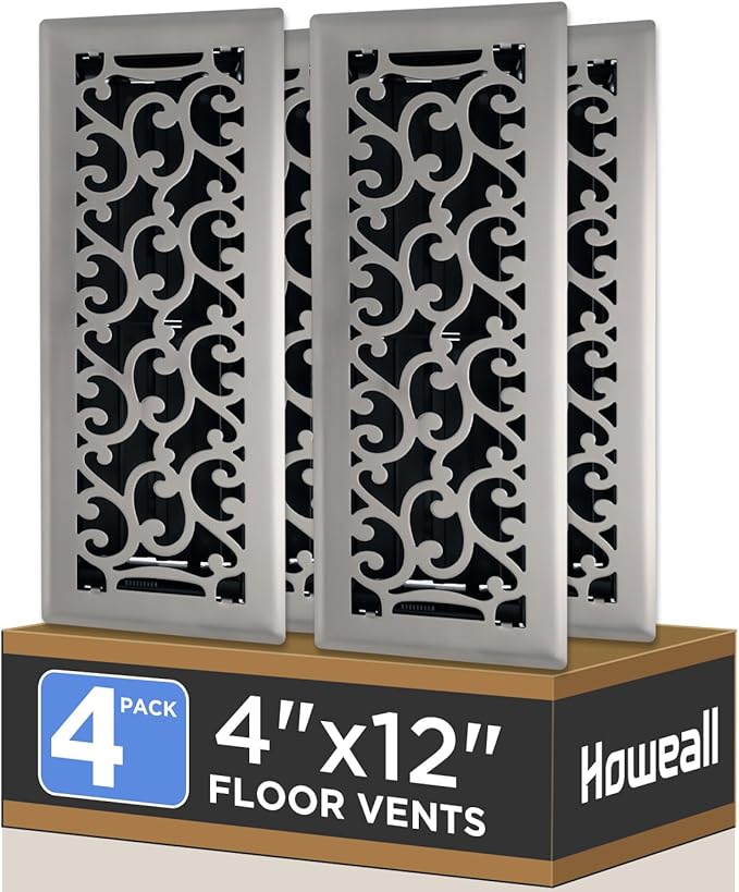 4x12 Inches 4 Pack Heavy Duty Walkable Floor Register - Easy Adjust Air Supply Lever Decorative Floor Vent Covers, Savannah Design Vent Covers for Home - Satin Nickel