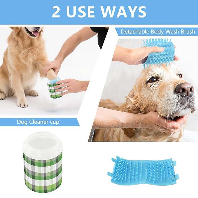 Dog Paw Cleaner Cups for Dogs Pet Foot Washer Paw Scrubber for Small Medium Large Dogs Cats Cleaning Cup Green and White Checkered Pattern