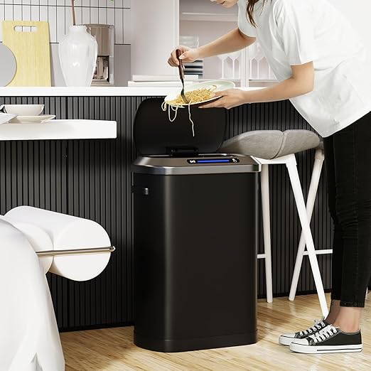 pouseayar Black 13 Gallon 50L Smart Automatic Trash Cans, Stainless-Steel Thickened Body with Super Mute Sensor Lid and 30 Count Garbage Bags for Kitchen Office Bedroom Waste Bin and More