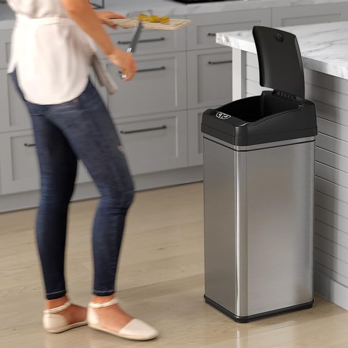 iTouchless 50 Liter / 13 Gallon Kitchen Trash Can with AC Adapter, Lid & Odor Filter – Motion Sensor Stainless Steel Garbage Bin for Home, Office, or Garage – Slim, Large Capacity Design