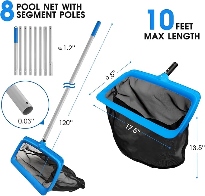 Pool Cleaning Kit Full Set - 17.5'' Self-Repair Pool Nylon Net Fine Mesh & 17.5'' Detachable Rounded End Pool Brush & 10 Ft Pool Pole, for Above Ground In-ground Pools, Spas, Hot Tubs