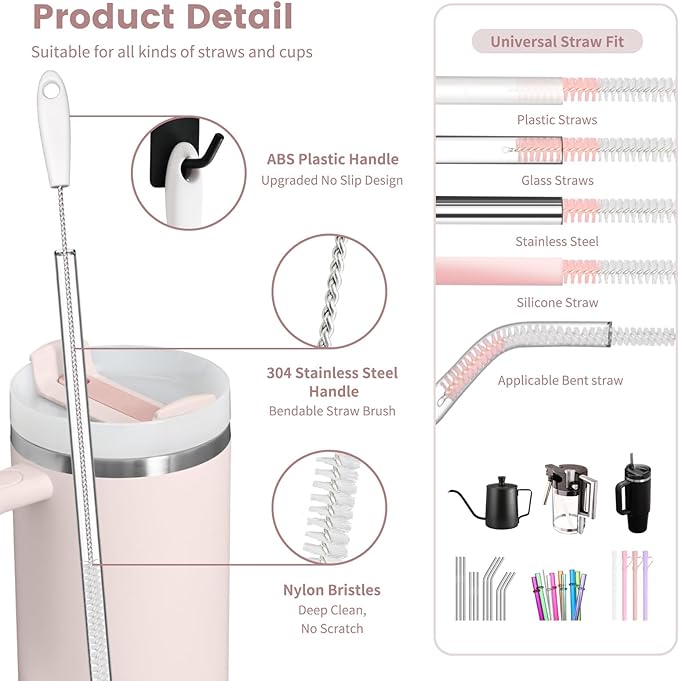 15 Inch Extra Long Straw Cleaner Brush Set, 5 Pcs Reusable Cleaning Brushes for Stanley 40 oz Tumbler, Owala, Yeti, Includes 4 Flexible Straw Brushes and 1 3-in-1 Cup Lid Gap Cleaning Tool(Pink)
