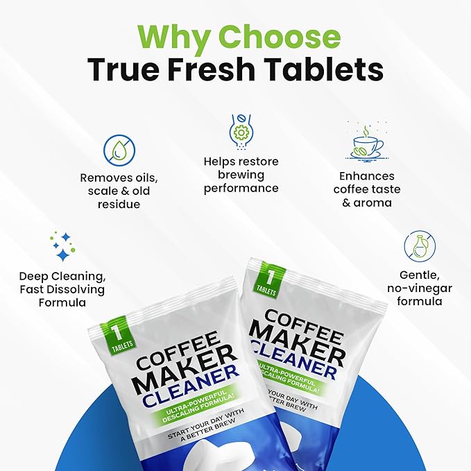 True Fresh Coffee Machine Cleaner & Descaler Tablets 25 Pack - Removes Limescale & Oils, Compatible with Keurig, Nespresso, Breville, Delonghi, Miele - for Espresso & Drip Makers, 1 Year Supply