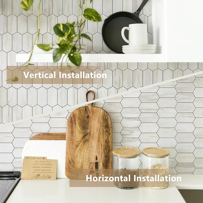 Vamos Tile Long Hexagon Peel and Stick Backsplash Tile - 1 Sheet Stick on Backsplash for Kitchen and Bathroom 12.4 x 12 Inch Glossy Wood Grain PVC Self Adhesive Mosaic Wall Tiles