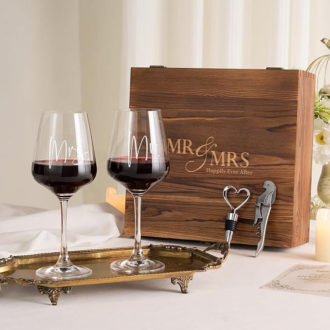 AW BRIDAL Mr and Mrs Wine Glasses Wedding Gifts for Couples 2026, Engagement Gift for Newly Engaged Couple, Bridal Shower and Bachelorette Gifts for Bride, Wine Opener Stopper and Wooden Keepsake Box