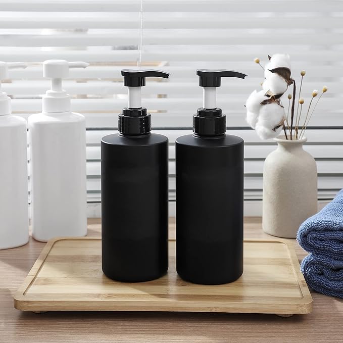 Hand Soap Dispenser Plastic Pump Bottles with Waterproof Label for Bathroom Kitchen, Empty Refillable Liquid Container, 16 oz Black 2 Pack