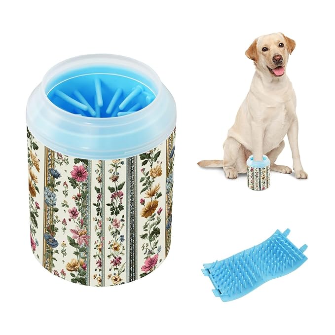 Dog Paw Cleaner Cups for Dogs Pets Foot Washer Paw Scrubber for Medium Small Cats Dogs Cute Cleaning Cup Vintage Stripes Flowers