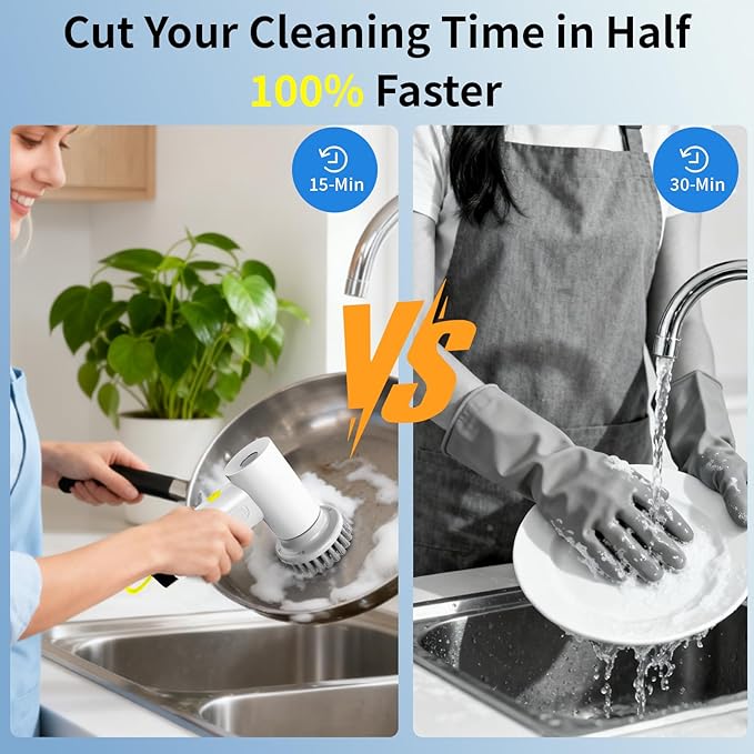 Electric Spin Scrubber, Cordless Cleaning Brush，IPX7 Waterproof Bathroom Scrubber with Adjustable Extension Handle & Battery Level Display for Bathroom Kitchen Car (ECB-S2)