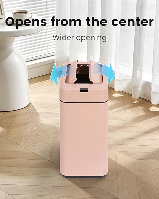 ELPHECO Bathroom Trash Can with Lid 2.6 Gallon Smart Trash Can Slim Motion Sensor Garbage Can Automatic Stainless Steel Wastebasket Bathroom Decor for Bedroom Office Toilet Pink