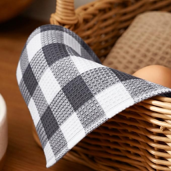 PurpleEssences Waffle Weave Plaid Dish Cloths, 100% Cotton, 12x12 Inch, Soft Absorbent Quick Drying Buffalo Check Dish Rags for Kitchen, 8 Pack, Christmas Holiday Winter - Steel Grey & White