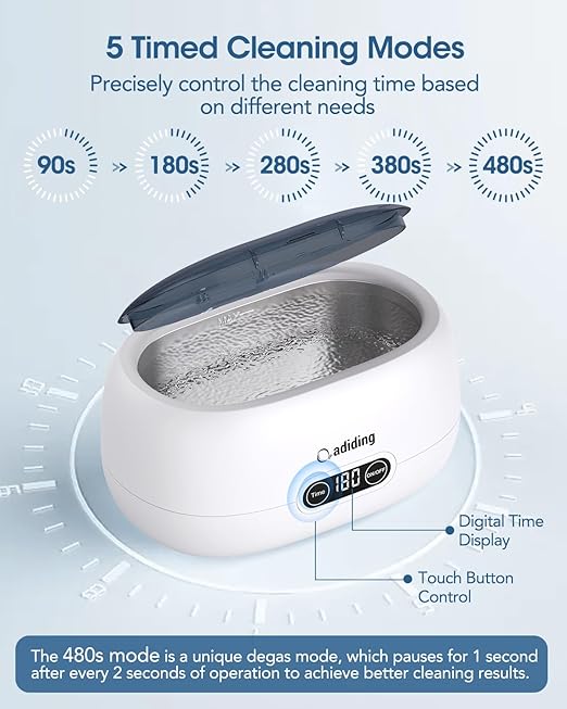 Adiding Jewelry Cleaning Machine, 650mL Ultrasonic Glasses Rings Cleaner Professional Denture Coins Watch Cleaner with 5 Digital Timer Degas Mode Diamond Earrings Necklaces