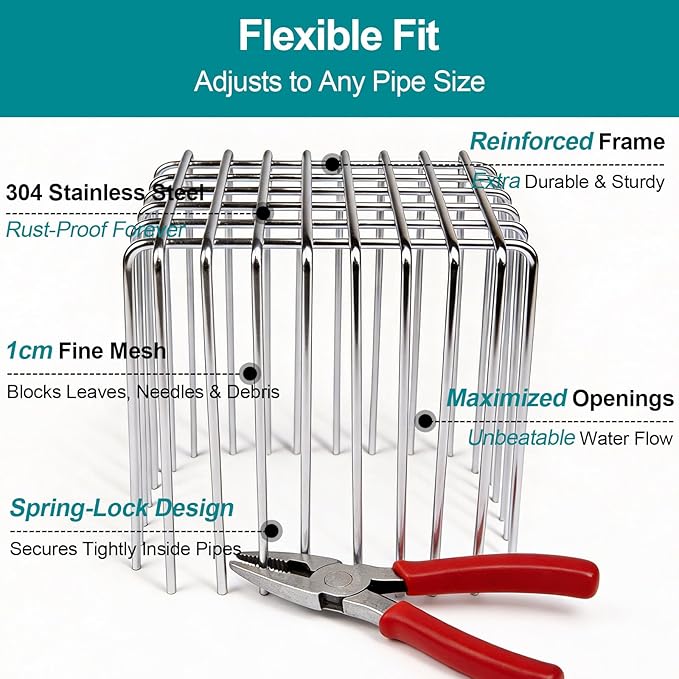 Gutter Guard 304 Stainless Steel Adjustable Downspout Filter - 4.7" L ×3.5" W ×4.7" H, Gutter Downspout Extensions Fits 3" x 4" Pipe, Flexible Opening for Leaves Debris & Outlet Filter Protection