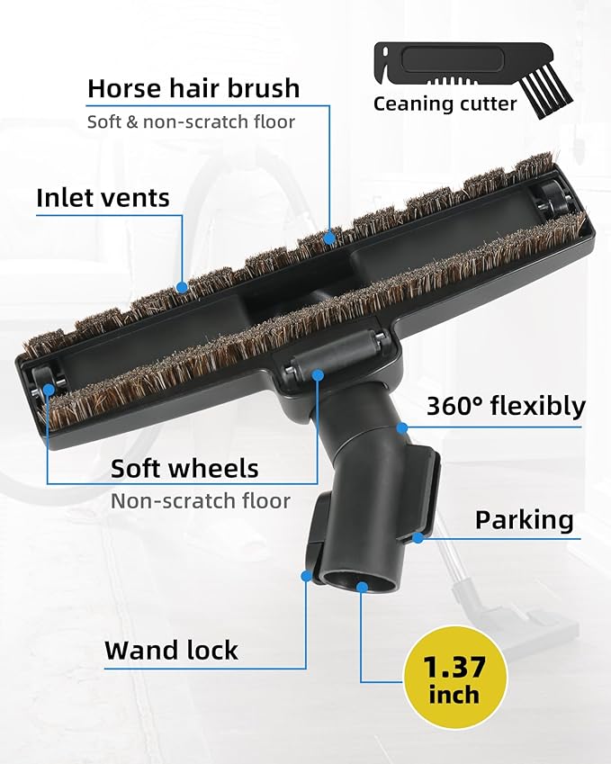 Horse Hair Floorhead for Miele Vacuum Cleaners, 12" Wide Hardwood Floor Brush as Vacuum Attachment Replacement Parts, Soft Bristles Head & Wheels Ideal for Hard Floors Cleaning