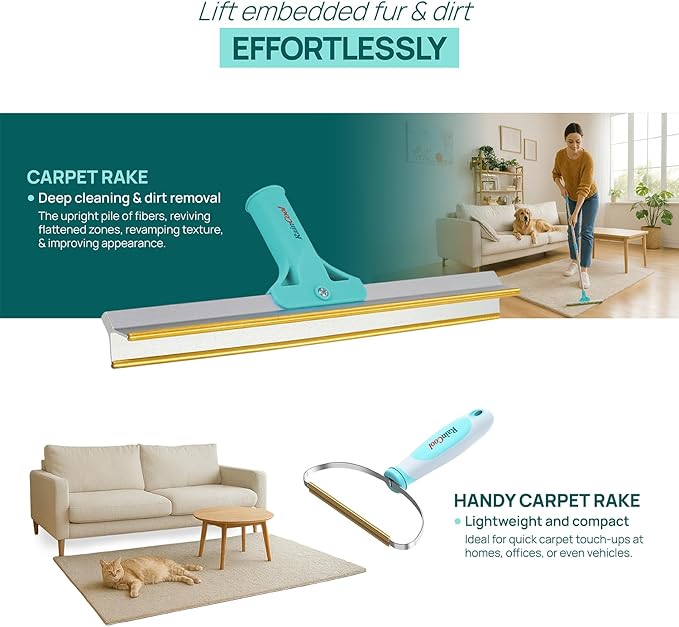 RainCool 3 in 1 Carpet Rake, Pet Hair Removal Tool Multifunctional Cats and Dog Cleaning Manual Carpet Broom Adjustable Long Handle, Small and Mini Lint Brush for Couches, Floors, Mats, Rugs, Cars