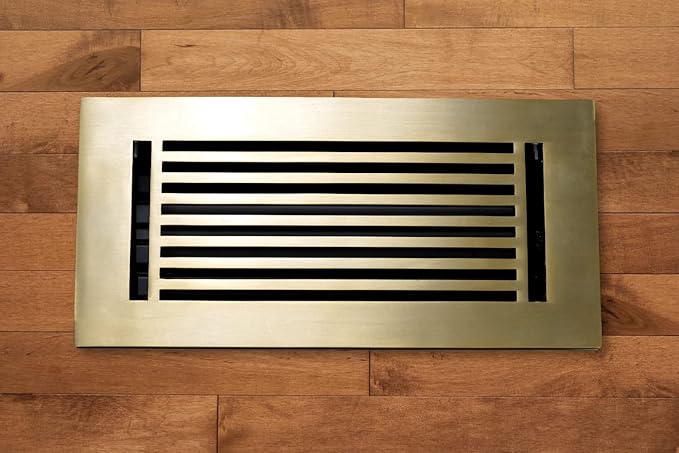Madelyn Carter 6 x 10 Cast Aluminum Linear Bar Vent Cover with Damper - Brushed Brass (Overall: 7.25 x 11.5) | Floor Register - Wall Register