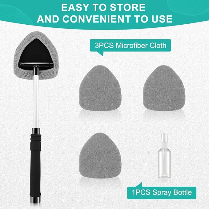 JUSTTOP Windshield Cleaner Tool, Car Interior&Exterior Window Cleaning Tool with Extendable Handle & 4 Reusable Microfiber Pads, Auto Glass Wiper Brush Kit for Cars (Grey)