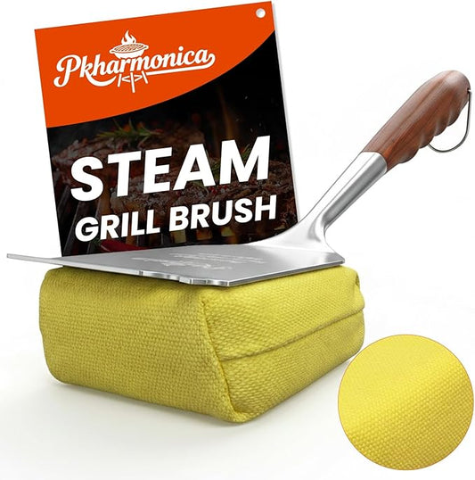 Grill Brush Bristle Free w/Replaceable Yellow Head, Enamel Safe, 17" Long Handle Grill Cleaner for Outdoor BBQ & Griddle, MAX Stainless Steel Scraper, Corner Reach for Cast Iron Steel