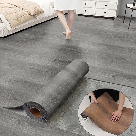 Luxury Thicken Wood Grain Peel and Stick Floor Tiles Self-Adhesive Vinyl Flooring Roll-DIY Easy for Wall and Floor,Hard Surface/Waterproof/Anti Slip (Gray Vinyl Flooring, 17.72 "W x 393.7" L)