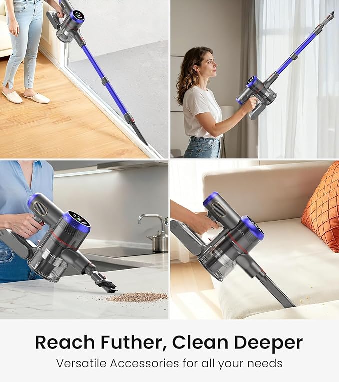 Cordless Vacuum Cleaner, 550W 45kPa 65Mins Vacuum Cleaners for Home with LED Display, Self-Standing Stick Vacuum with Anti-Tangle Brush, Rechargeable Vacuum Cordless for Pet Hair/Carpet/Floor