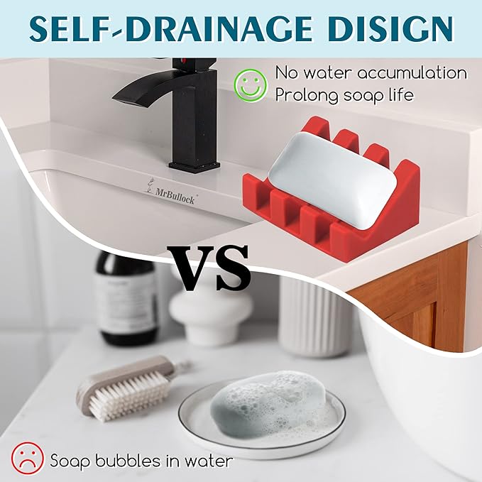 Silicone Soap Dish for Bar Soap Holder for Shower Bathroom Self Draining Waterfall Drying Tray Keep Soap Bars Dry Clean & Easy Cleaning (Christmas Red Green, 2)