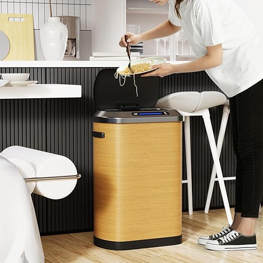 pouseayar Wood Color 13 Gallon 50L Smart Automatic Trash Cans, Stainless-Steel Thickened Body with Super Mute Sensor Lid and 30 Count Garbage Bags for Kitchen Office Bedroom Waste Bin and More