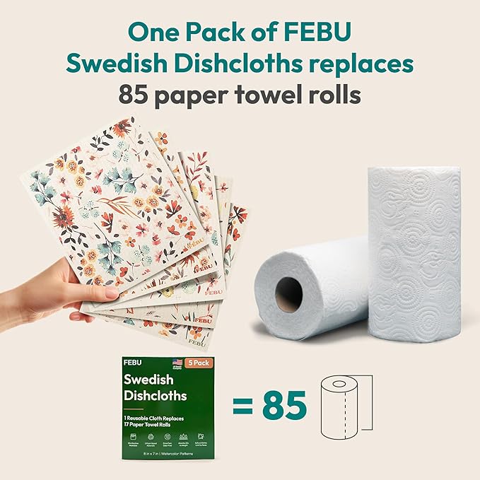 FEBU Swedish Dishcloths for Kitchen | 5 Pack Vintage Kitchen Reusable Paper Towels Washable | Swedish Dish Towels | Non-Scratch Cellulose Sponge Cloths | No Odor, Biodegradable Cleaning Cloths