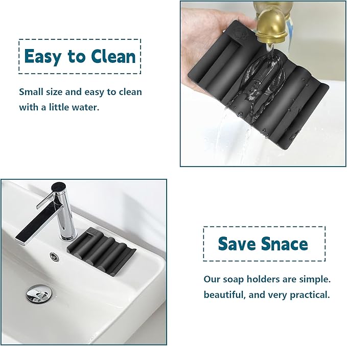 Silicone Soap Dish,Self Draining Soap Holder Perfect for Shower,Bathroom Sink,Kitchen Sink & Travel,Non-Slip Bar Soap Holder Extend Soap Life,Keep Soap Bars Dry & Easy Cleaning Black-2Pcs