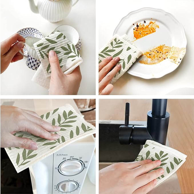 Morigins Swedish Dishcloths for Kitchen 6 Pack Eucalyptus Cellulose Sponge Cloths Non Scratch Reusable Paper Towels Biodegradable and Reusable Kitchen Dish Rags (Moss Green)