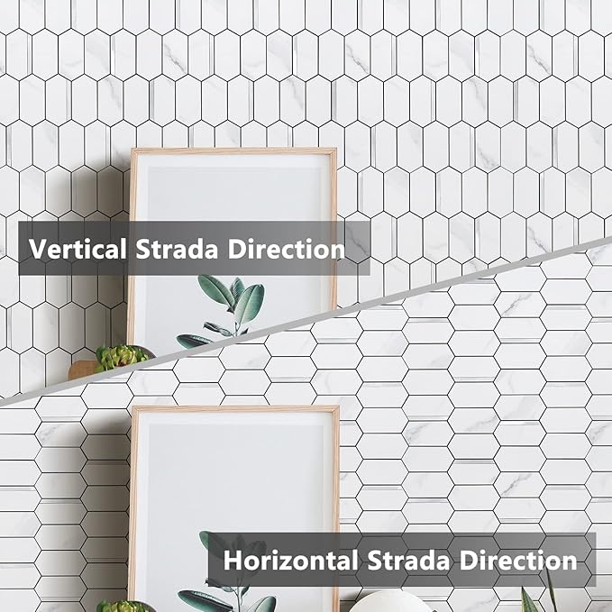Vamos Tile Long Hexagon Peel and Stick Backsplash Tile - 10 Sheets Stick on Backsplash for Kitchen and Bathroom 12.4 x 12 Inch White Marble Look PVC Mixed Metal Silver Self Adhesive Mosaic Wall Tiles