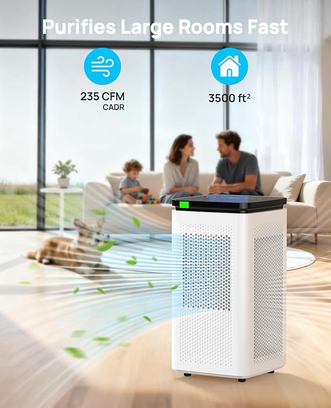 Air Purifiers for Home Large Rooms up to 3500 Ft², True HEPA 0.1 Micron 99.97% Filtration with Carbon Filter, 235 CFM CADR, Removes Allergens, Pet Odor, Smoke, VOCs, 30dB Sleep Mode, PM2.5 Display