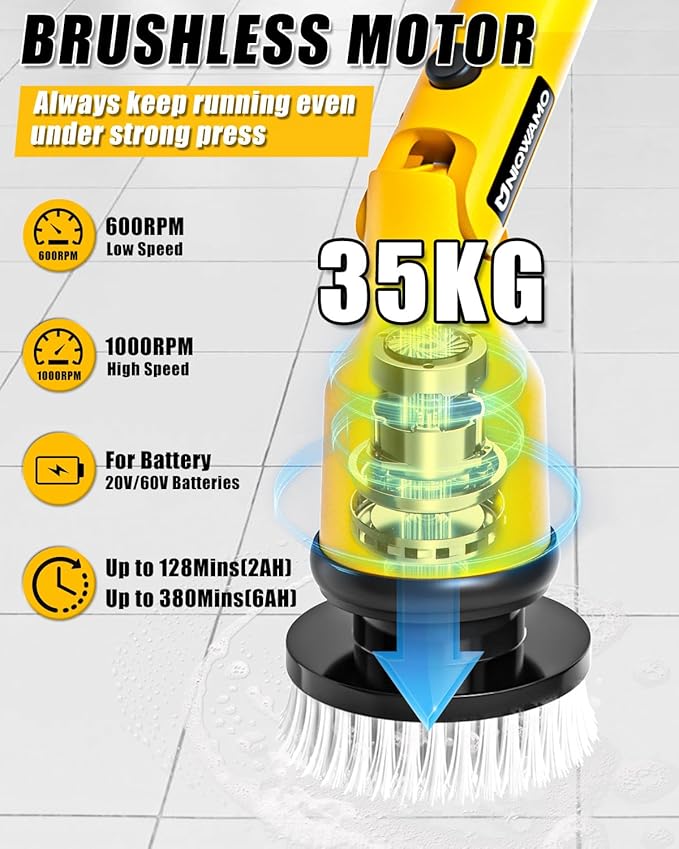 Electric Spin Scrubber Compatible for DeWalt 20V Battery(Battery NOT Included), 1000 RPM Battery Powered Scrubber with Adjustable Extension Arm & 8 Brushes & Hook Gloves for Tub/Tile/Floor