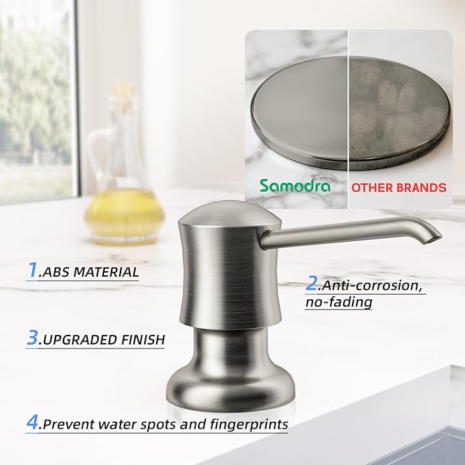 SAMODRA Soap Dispenser for Kitchen Sink Brushed Nickel Lotion Dispenser 12 OZ Bottle Built in Design Refill from The Top