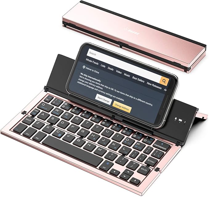 Geyes Bluetooth Keyboard Foldable Portable Folding Travel Keyboard for iPhone 15 Pro Plus/Xs/max/x/14/13 /12/11 /iPad/iPad mini 4, Samsung Android Tablet Smart Phone (Rose Gold)