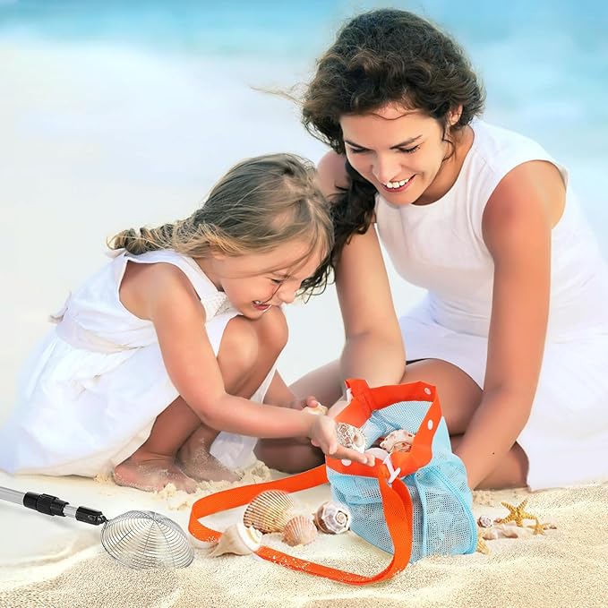2 Pack Sand Sifter with Seashell Bags - 21.6"~33" Adjustable Shark Tooth Sifter for The Beach Seashell Collecting, Mesh Shovel Scooper with Retractable Handle, Beach Toys for Adults Family Kids