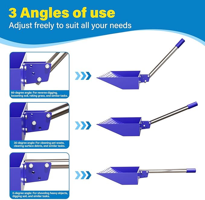 12-Inch 2-in-1 Chicken Poop Scooper & Rake, Chicken Coop Scoop with Adjustable Stainless Steel Handle （24–64"）, 3 Angles & 2 Sifting Holes, Litter Scoop Sand Sifting Shovel Pooper Scooper (Blue)