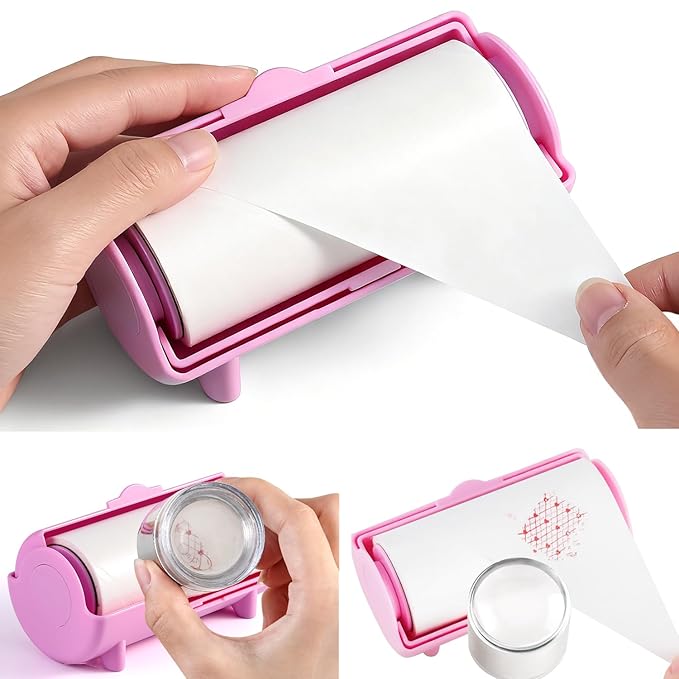 Nail Stamper Sticky Cleaner Roll with Case, Adhesive Paper Stickers for Stamping Gel Polish Removal, Lint Roll Cleaning Sheets, Nail Stamper Accessories Manicure Salon Supplies (Pink)
