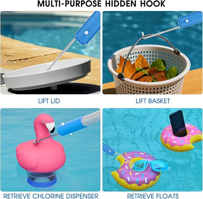 12 FT Heavy Duty Pool Pole with Retriever Hook, Prime Telescopic Aluminum Standard Pole for Swimming Pool Cleaning Tools Connect with Pool Net Skimmers, Brushes, Vacuum Heads