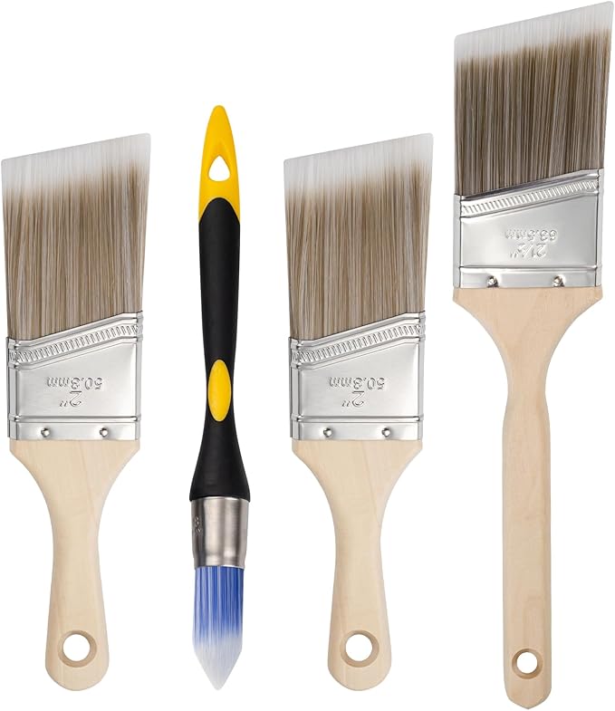 Mister Rui Paint Brush Set, 4 Pack Angle Brushes Professional Trim, Cabinet & Wall Paint Brushes for Oil, Latex, Synthetic Bristles, No Shedding