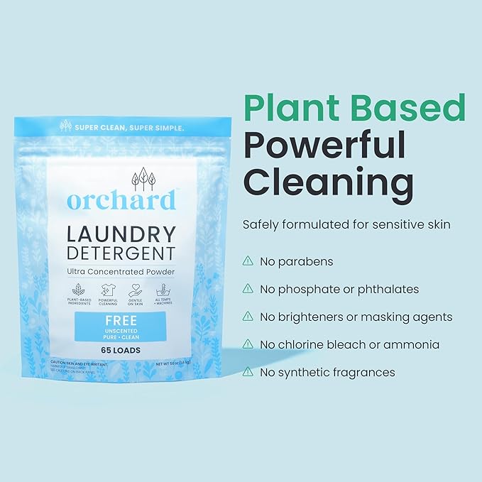 Orchard Laundry Detergent Powder Natural Deep Cleaning Laundry Powder for Sensitive Skin - Fragrance Free - Plant Based Effective Ingredients - 90 Loads - Enzyme-Powered, Eco Friendly Detergent